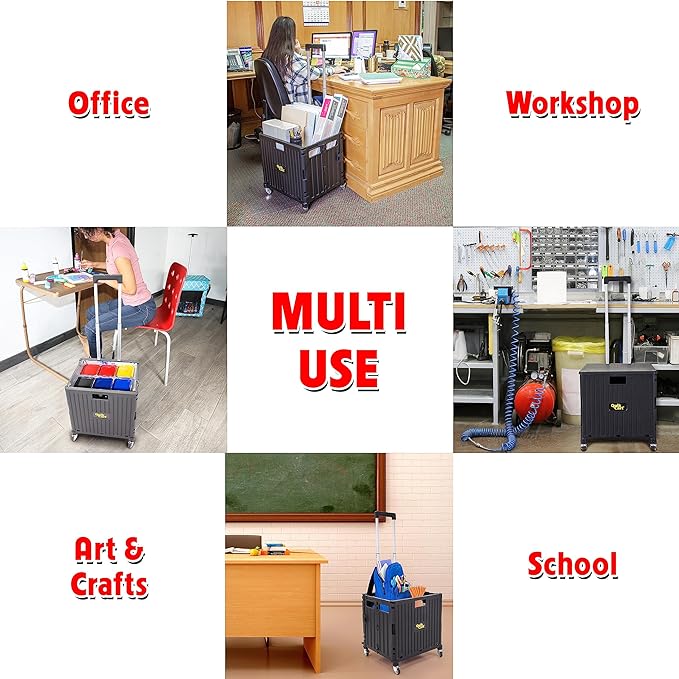 dbest Products Quik Cart Stair Climber Wheeled Rolling Crate Teacher Utility with seat Heavy Duty Collapsible Basket with Handle, 18" D x 17" W x 39" H, Black | with Wheels, Up to 80 lbs Capacity, Heavy Duty, Telescoping Handle, Folding Utility Cart wi...