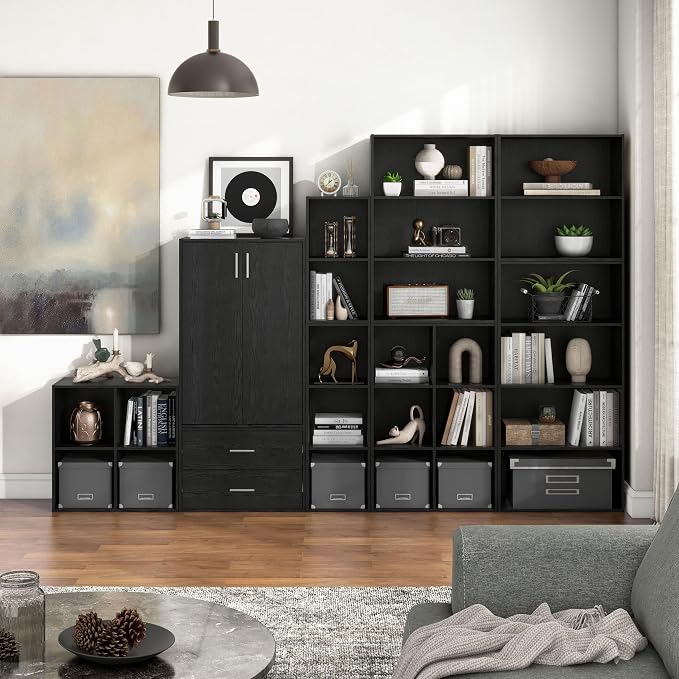 Homes: Inside + Out Apexa 3-Tier Cube Storage Organizer Shelves, Stackable Wood Bookcase Fits Cubby Bins for Organization, Dorm Teen Room Decor & Home Office, Black