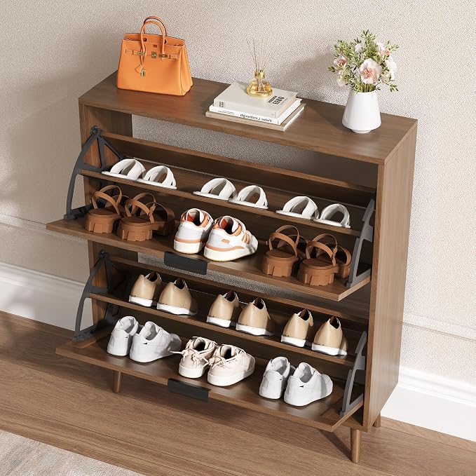 BORNOON Shoe Cabinet for Entryway with 2 Flip Drawers, Slim Wooden Shoe Storage Organizer with Modern Fluted Pannel，Freestanding Narrow Hidden Shoe Rack for Hallway, Foyer, Living Room