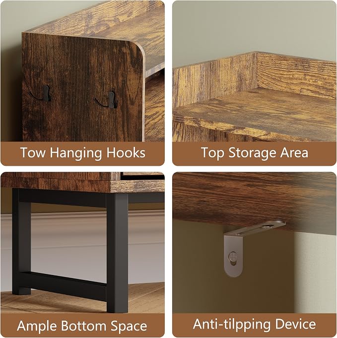 Shoe Cabinet with 2 Flip Drawers, Freestanding Hidden Shoe Storage Organizer for Entryway, Narrow Slim Shoe Rack Cabinet with Open Storage & Hooks for Front Door Entrance, Living Room, Hallway, Brown