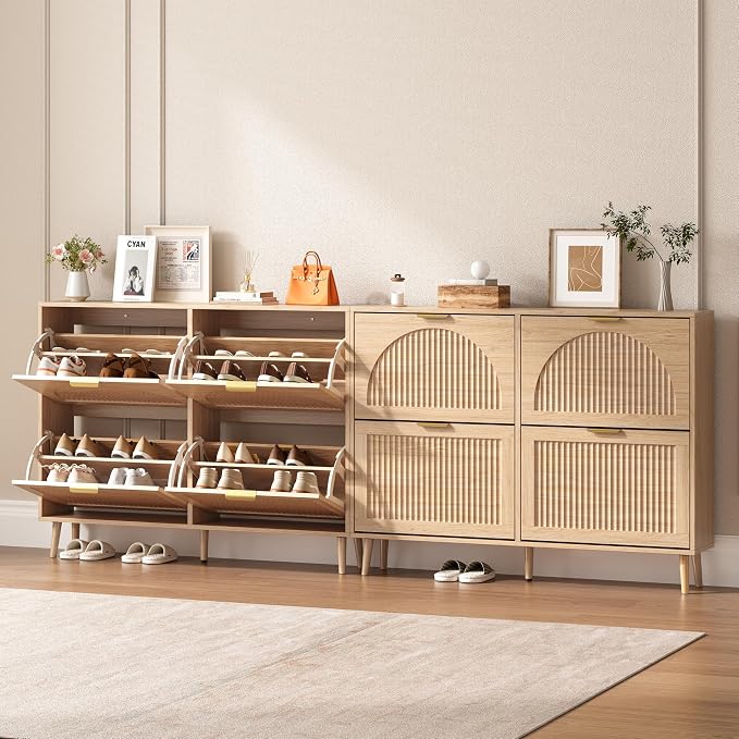 BORNOON Shoe Cabinet for Entryway with 4 Flip Drawers, Slim Wooden Shoe Storage Organizer with Modern Fluted Pannel，Freestanding Narrow Hidden Shoe Rack for Hallway, Foyer, Living Room