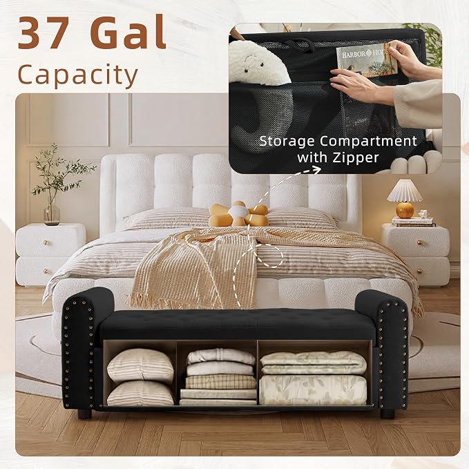48" Ottoman with Storage, Tufted Storage Ottoman Bench, Convenient Living Room Fabrics Bench Seat, Entryway Shoe Benches with Inner Zipper & Arm, Upholstered Window Seat Ottomans with Rivets, Black