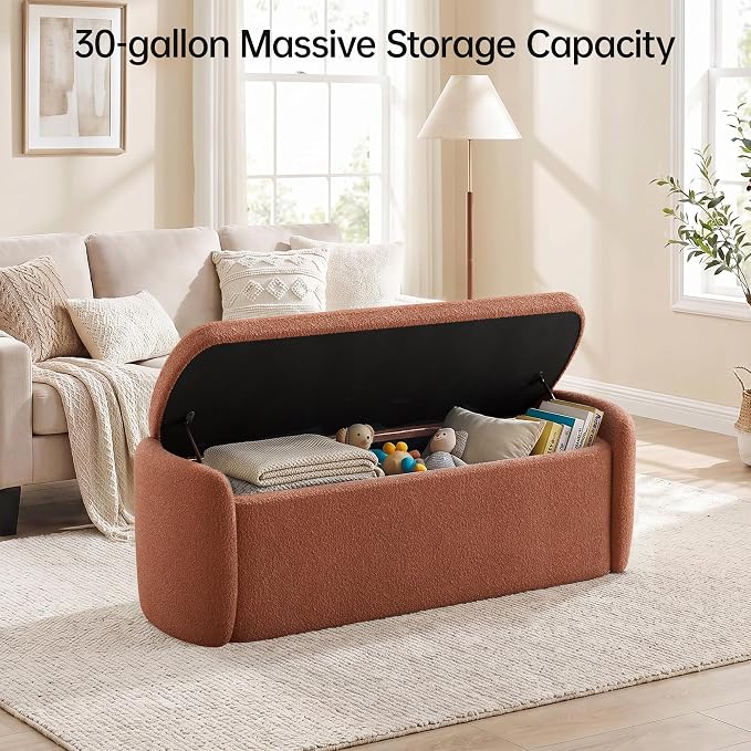 VKNOW Storage Bench, Upholstered Storage Ottoman Bench with Hinge, Rust Red | Ottoman Bench with Large Capacity, Curved Frame, King Size Bench, Storage Bench for Bedroom, Living Room, Entryway, Window