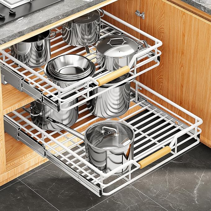 Pull out Cabinet Organizer, 15"W X 21"D, Heavy Duty Smooth Sliding Under Cabinet Shelves for Pots and Pans, Full-Extension Roll out Drawers, Slide out Organization for Home Kitchen Pantry, White