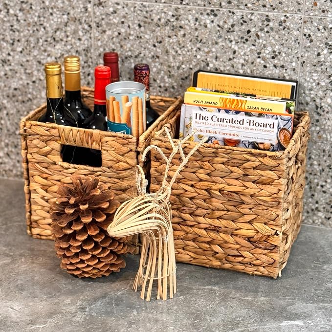 4 Decorative Hand-Woven Water Hyacinth Wicker Storage Basket, 9x9x9