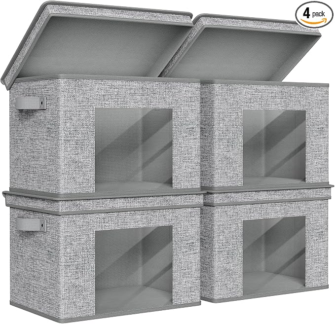 Univivi Fabric Foldable Storage Boxes Large Storage Bins with Lids [4-Pack] Collapsible Storage Cubes, Closet Organizers and Storage Cubes for Home, Bedroom, Closet (Grey, 17“ x 12” x 12") | Fabric Foldable Storage Boxes, Sturdy Collapsible Storage Bin...