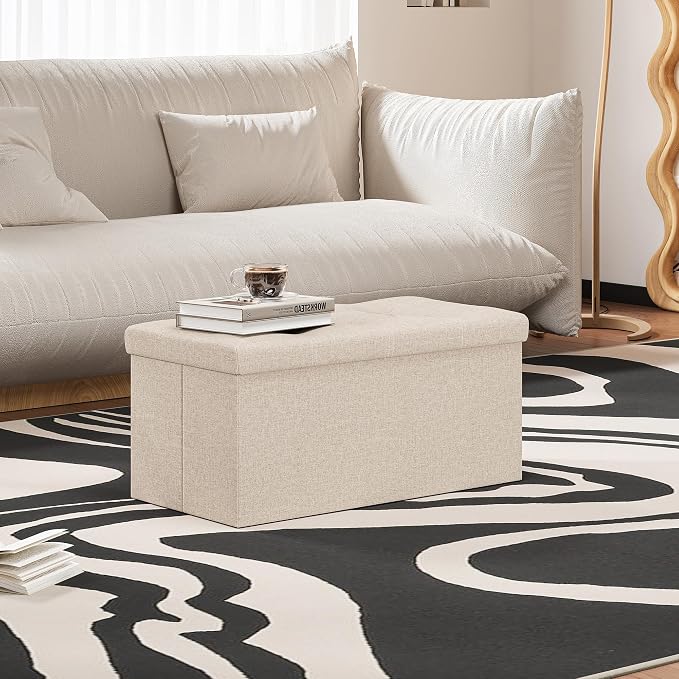 Youdesure 30 Inch Folding Storage Ottoman, Faux Leather Storage Ottoman Bench with Padded Seat, Storage Foot Rest Supports Up to 350 lbs for Living Room, Bedroom, Hallway, Beige