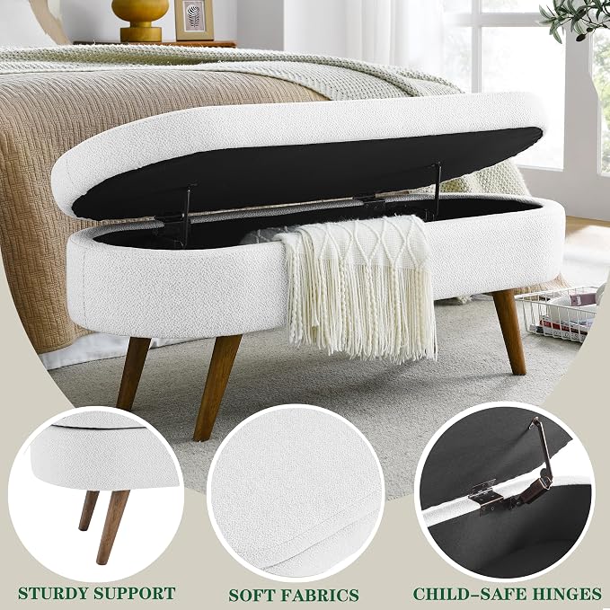 43.5" Ottoman with Storage, Storage Ottoman Bench with Safety Hinge, Linen End of Bed Bench, Upholstered Entryway Bench for Bedroom, Living Room & Window, Holds up to 330 lb, White