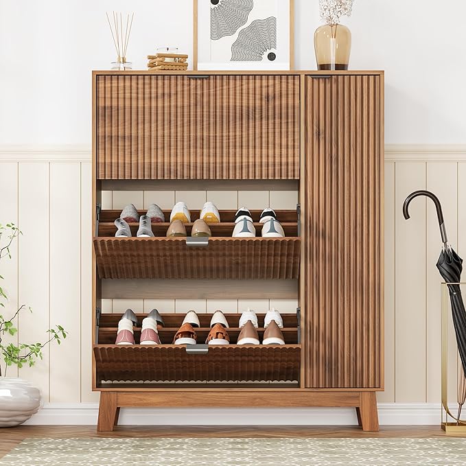 Shoe Cabinet Storage for Entryway with 3 Flip Drawers & Side Cabinet, Fluted Narrow Shoe Organizer with Wooden Leg, Freestanding Shoe Storage Hidden Shoe Rack Organizer for Front Door Entrance, Walnut