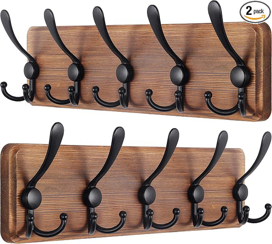SKOLOO Rustic Wall Mounted Coat Rack: 16" Stud Spacing, Pine Real Wood Plank Wall Coat Rack with 5 Triple Hooks, Farmhouse Coat Hanger Wall Mount for Hanging Backpack Jacket Coat Hat,Pack of 2