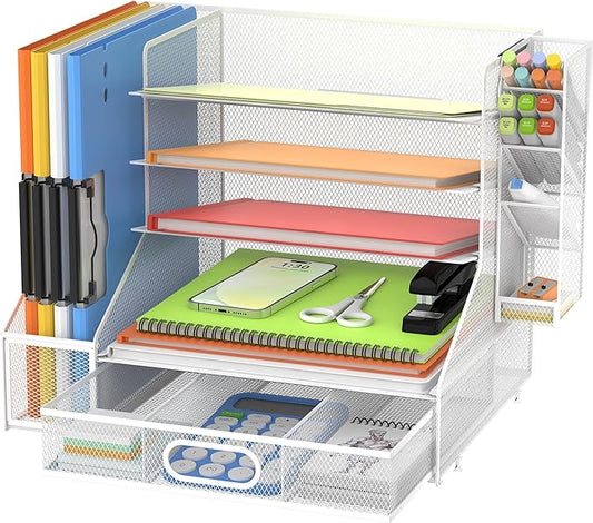 5-Tier Desk Organizer with File Holder & Pen Holder & Sliding Drawer, White | Mesh Metal Paper Letter Tray for Papers, Mail, Office Supplies, and Desk Accessories
