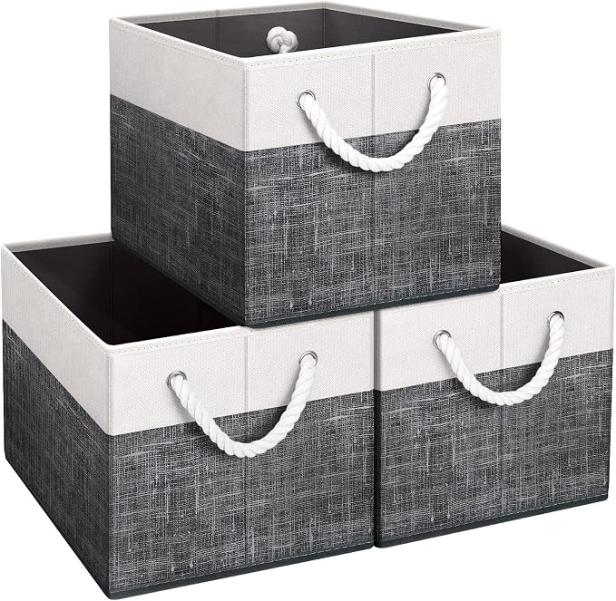 Fab totes Storage Bins 3-Pack, Foldable Storage Baskets for Organizing Toys, Books, Shelves, Closet, Large Storage Box with Rope Handles, Sturdy Organizer Bins, White & Black