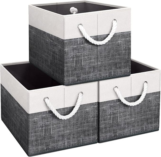 Fab totes Storage Bins 3-Pack, Foldable Storage Baskets for Organizing Toys, Books, Shelves, Closet, Large Storage Box with Rope Handles, Sturdy Organizer Bins, White & Black
