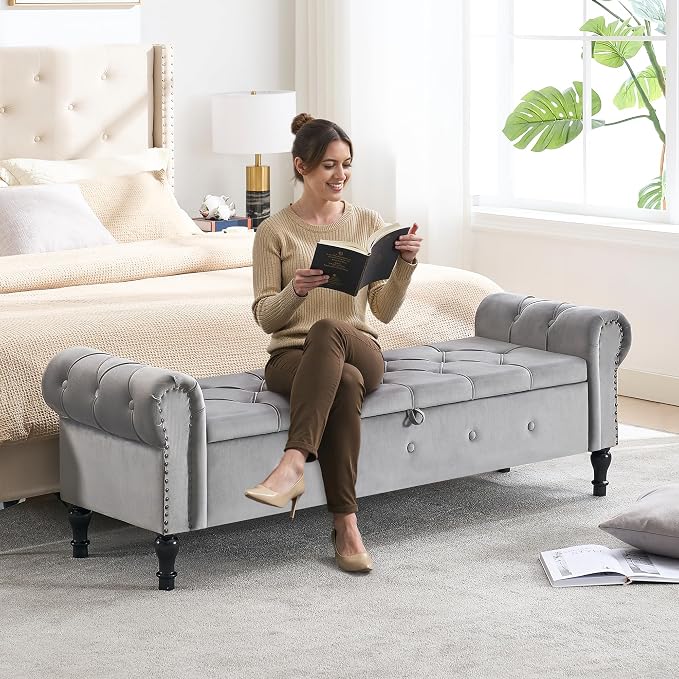 Storage Bench 67" Velvet End of Bed Benches Light Grey | King Size Storage Bench for Bedroom with Rolled Arms Tufted Ottoman Benches Upholstered Bench for Living Room Entryway