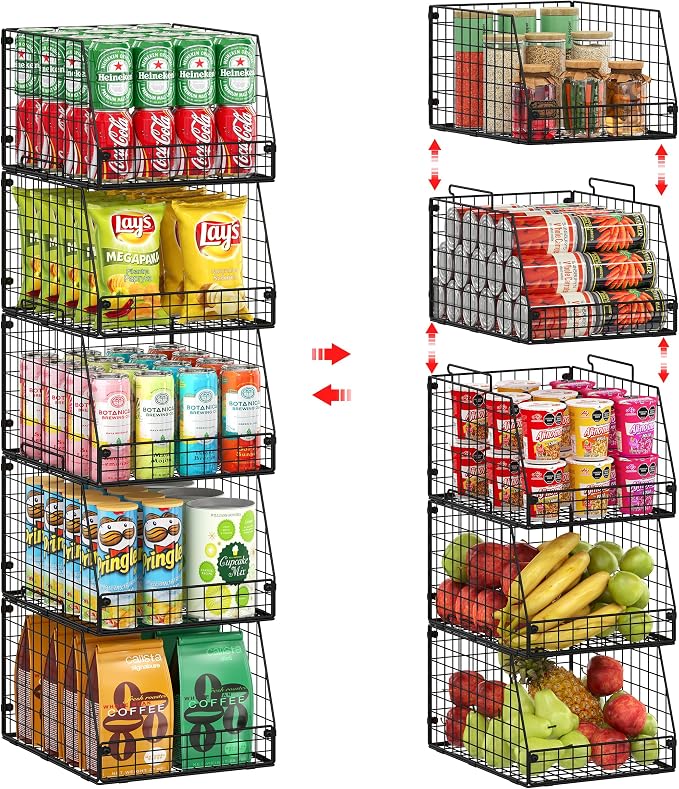 Jakyitvi 5 Pack XXL Stackable Wire Storage Basket, Extra Large Capacity Pantry Organizer and Storage, Muti-Purpose for Fruit Vegetable Basket & Toy Bin & Snack Organizer