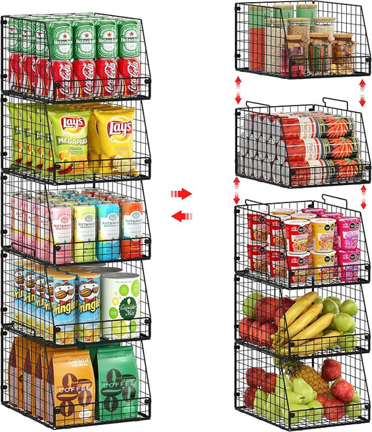 Jakyitvi 5 Pack XXL Stackable Wire Storage Basket, Extra Large Capacity Pantry Organizer and Storage, Muti-Purpose for Fruit Vegetable Basket & Toy Bin & Snack Organizer