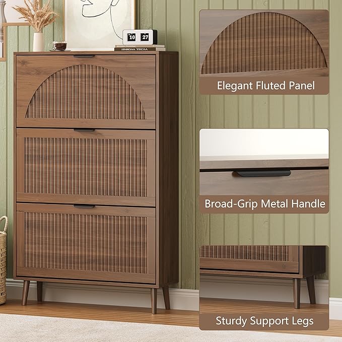 BORNOON Shoe Cabinet for Entryway with 3 Flip Drawers, Slim Wooden Shoe Storage Organizer with Modern Fluted Pannel，Freestanding Narrow Hidden Shoe Rack for Hallway, Foyer, Living Room
