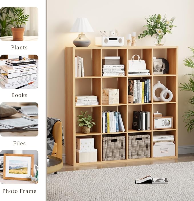 VDNEND Cube Storage Organizer Bookcase, Decorative 11 inch Open Back Cubical Shelf with Thickened Border, Display Bookshelf for Living Room, Home Office, Sturdy Room (Natural Oak, 16 Cube)