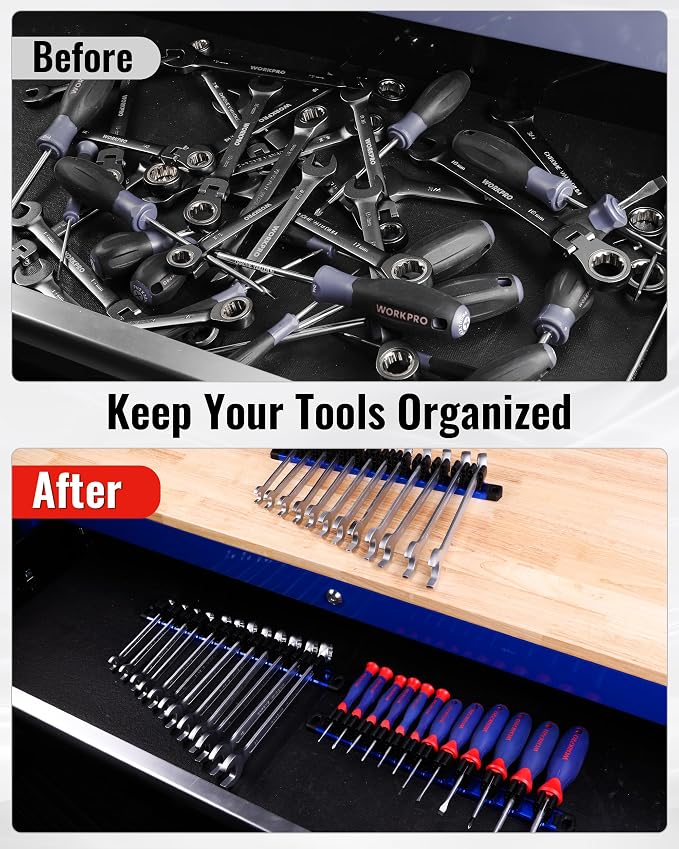 WORKPRO Magnetic Screwdriver and Wrench Organizer Set, 24-Slot Tool Holders | 2-Pack Aluminum Rails, Magnetic Force, Flexible High-Tension Tool Clips, For Tool Box Drawer & Wall-Mount Storage