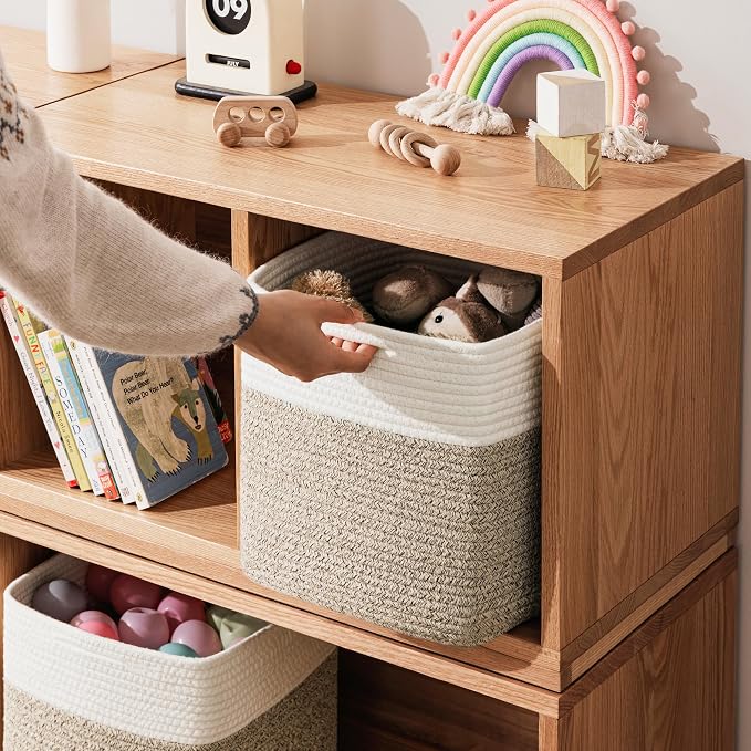 joybest 11inch Cube Storage Bins, Cotton Rope Woven Organizer Basket | Set of 4 Cube Bin Square Shelves Organizer Closet Storage, Nursery, Toy Organization, Brown&White