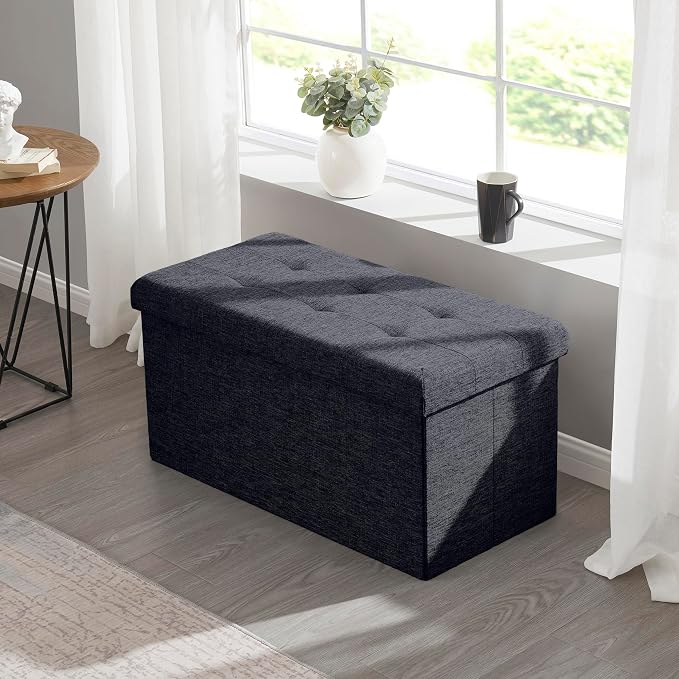 Ornavo Home 30 Inch Folding Storage Ottoman Bench, Tufted Linen, Black | Upholstered Large Ottoman with Lid; Foot Rest Stool; Ideal for Bedroom, Living Room or Entryway