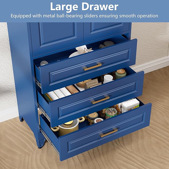 Polup 75" Metal Storage Cabinet, Kitchen Pantry Cabinet with 3 Drawers | Heavy-Duty Blue Tall Cabint with 2 Doors and 3 Adjustable Shelves, Magnetic Latch, Gold Handles, for Dining Living Room