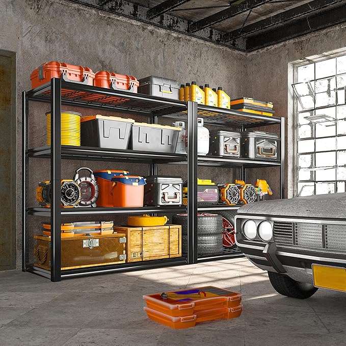 REIBII 40" W Storage Shelves with Wire Mesh Panels for Garage Organization | 560Lbs/tier, 40" W x 19.5" D x 59.5" H, Adjustable, 4-Tier, Double-Layer Frame, Rustproof Finish, for Basement Warehouse, 2Pc