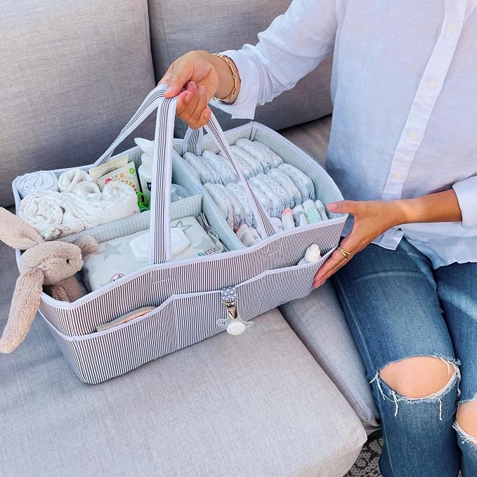 Baby Diaper Caddy - Organizer Tote for Infant Boy or Girl - Baby Shower Basket - Nursery Must Haves - Registry Favorites - Newborn Caddie Car Travel - Gray/Mint, Extra Large