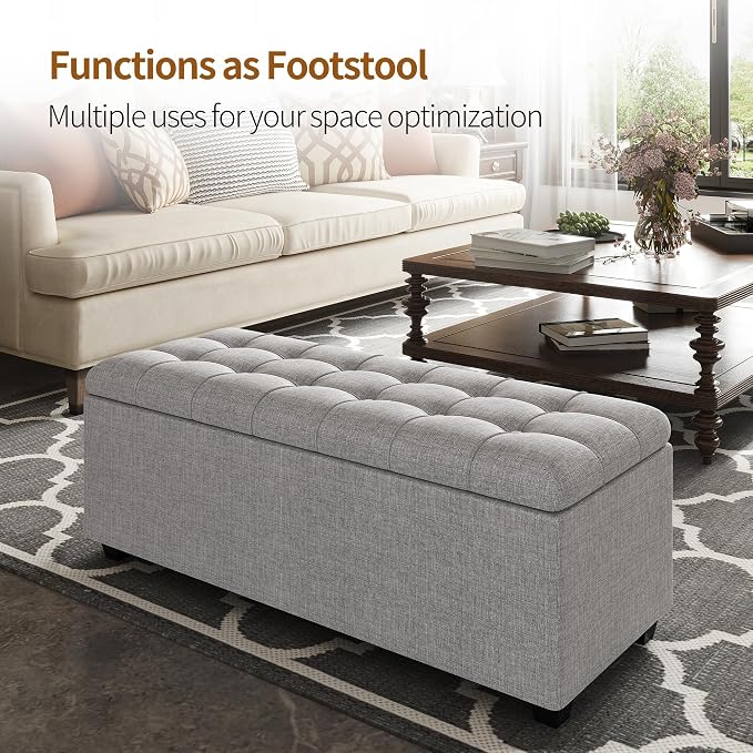38" Grey Fabric Storage Ottoman Bench with Hinged Lid | Solid wood frame bench, 4-leg easy assembly. Use as end-of-bed, footrest, entryway seat. Hinged hidden storage, multi-use.