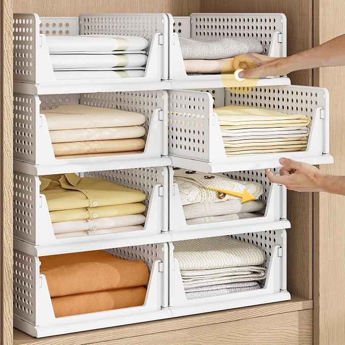 Pinkpum 5 Pack Stackable Plastic Storage Closet Organizers and Storage Bins Drawer Shelf Storage Container for Wardrobe Cupboard Kitchen Bathroom Office White | Drawer Shelf Storage Container for Wardrobe Cupboard Kitchen Bathroom Office White Foldable...
