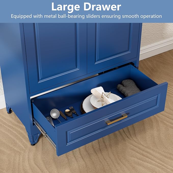 Polup 75" Metal Storage Cabinet, Tall Kitchen Pantry Cabinet with 1 Drawer | Blue Heavy-Duty Steel Cupboard, 2 Doors, 3 Adjustable Shelves, Magnetic Latch, Gold Handles, for Dining Living Room, Laundry