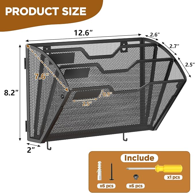 Docnest 3 Pack 3 Tier Mesh Wall File Holders with Hooks for Mail, Black | Space-saving vertical design with utility hooks. Ideal paper document organizer for office, home, and school