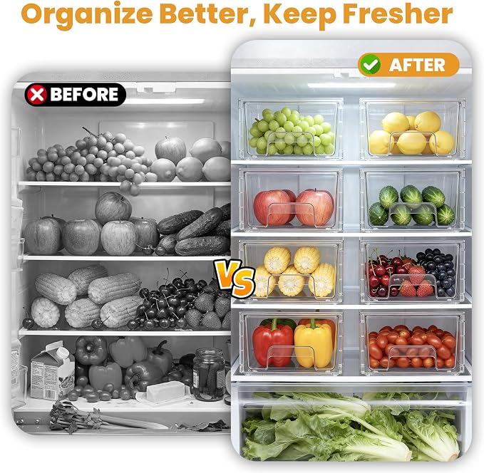 4 Pack Stackable Storage Drawers with Handles, Easy Assembly Clear Acrylic Fridge Organizer, Refrigerator Organizers and Storage for Kitchen, Under Sink, Pantry, Bathroom