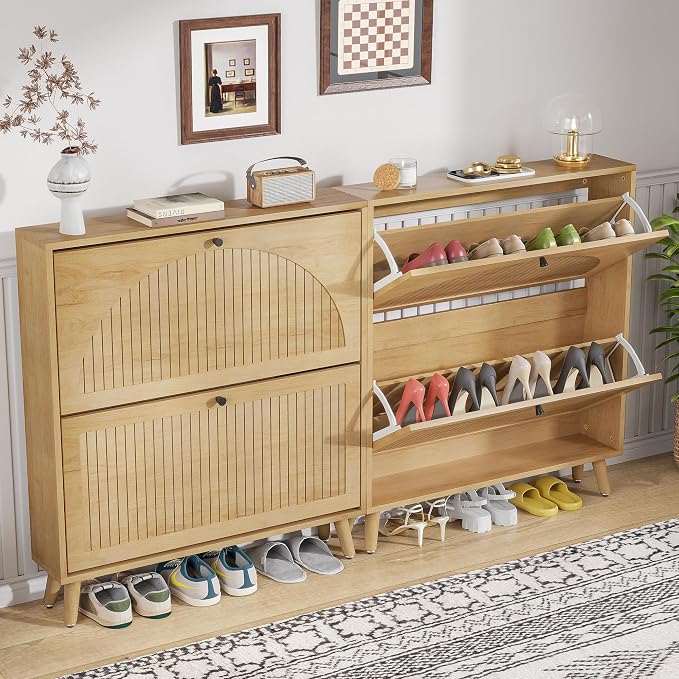 Fsbecl Shoe Storage Cabinet for Entryway with 2 Flip Drawers, Narrow Wood Shoe Cabinet with Fluted Panel, Freestanding Hidden Shoe Organizer for Hallway