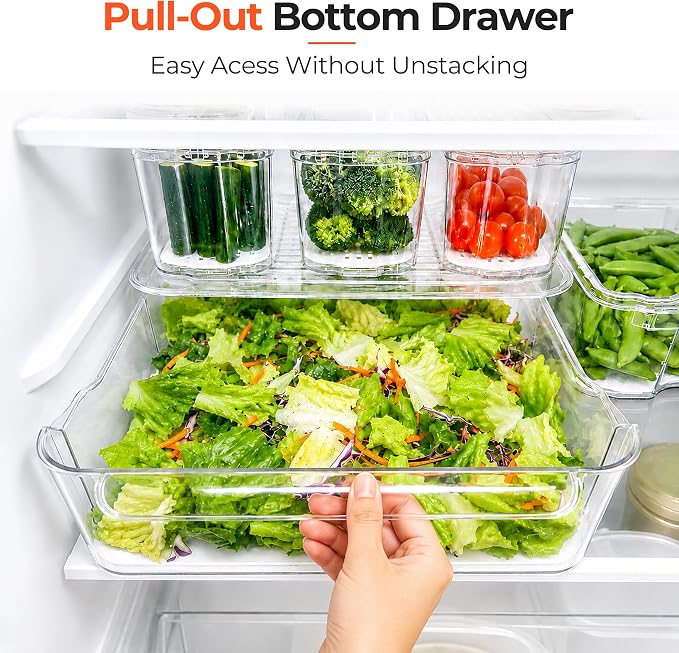 SMRCAD 8 Pack Clear Fridge Organizer Bins with Drain Trays - Stackable | BPA-Free PET, 8 Pack: 1 Drawer + 7 lidded Bins, Helps Keep Produce Fresh, 18.3L Capacity, Hand Wash Only