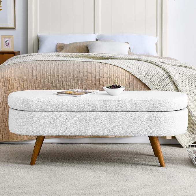 43.5" Ottoman with Storage, Storage Ottoman Bench with Safety Hinge, Linen End of Bed Bench, Upholstered Entryway Bench for Bedroom, Living Room & Window, Holds up to 330 lb, White