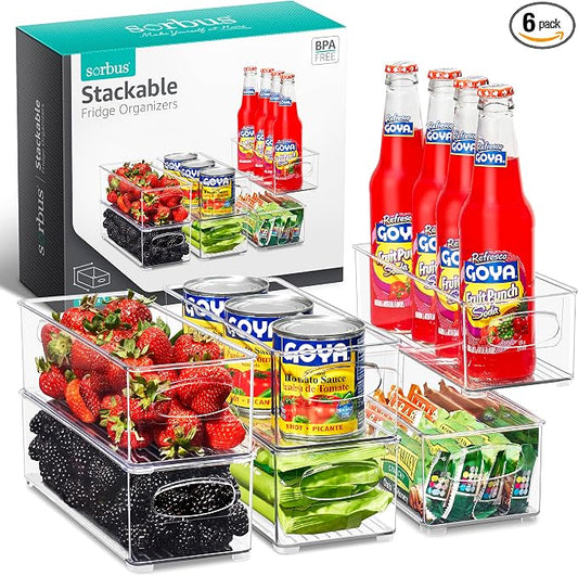 Sorbus Stackable Refrigerator Organizer Bins - Clear Storage Bins for Kitchen Pantry, Freezer & Fridge Organization - Food Organizing Plastic Containers with Handles for Countertops & Drawers (6 Pack)