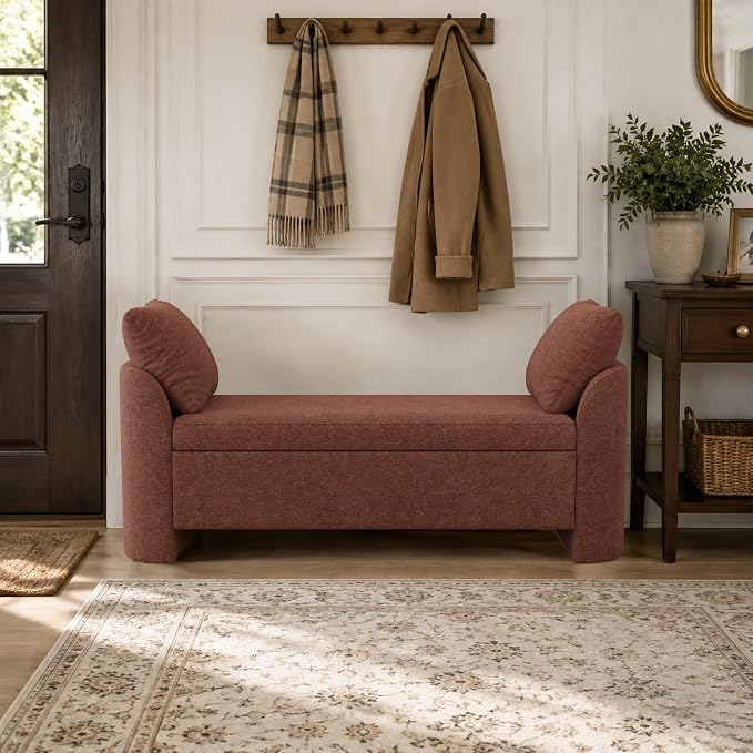 Usaint 58.3" Upholstered Storage Ottoman Bench with 2 Pillows, Rusty Red | End of Bed Bench with Curved Arms and Thickened Seat Cushion for Bedroom, Livingroom, Window, Entryway and Dressing Areas