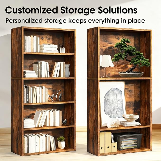 HealSmart 5 Tier Bookcase, Industrial 5 Book Shelf, 9.2" D x 23.8" W x 53" H Tall Open Cube Storage Organizer for Home Office, Living Room, Bedroom and Dinning Room, Brown