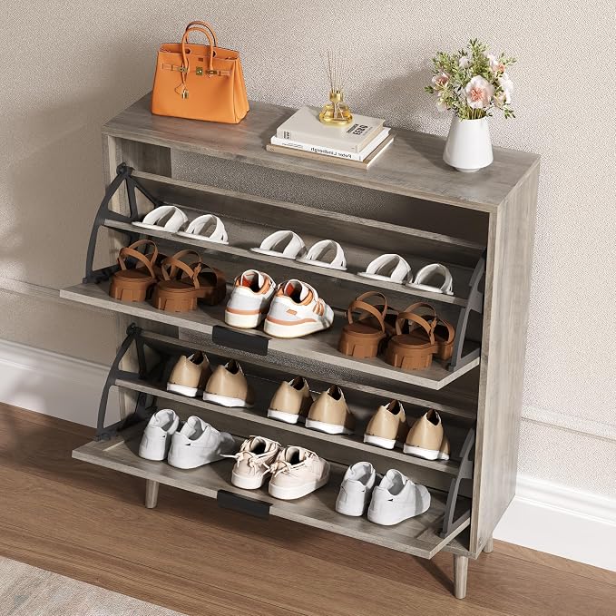 BORNOON Shoe Cabinet for Entryway with 2 Flip Drawers, Slim Wooden Shoe Storage Organizer with Modern Fluted Pannel，Freestanding Narrow Hidden Shoe Rack for Hallway, Foyer, Living Room