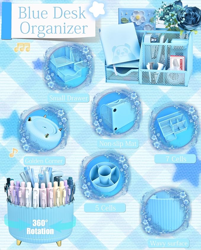 Blue Desk Accessories and Organizers with Desk Organizer and 360°Rotating Pen Holder stapler Pen and a Lot of Office Blue Office Supplies Beautifully Presented in a Gift Box