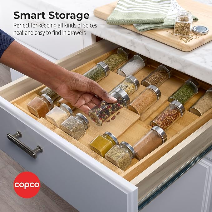 Copco Bamboo Expandable Spice Organizer Drawer and Counter Lazy Susan Turntable Style Tiered Rack - Adjustable 4-Tier Natural Wood Kitchen Spice Storage Organizer for Cabinet, Pantry, or Bathroom
