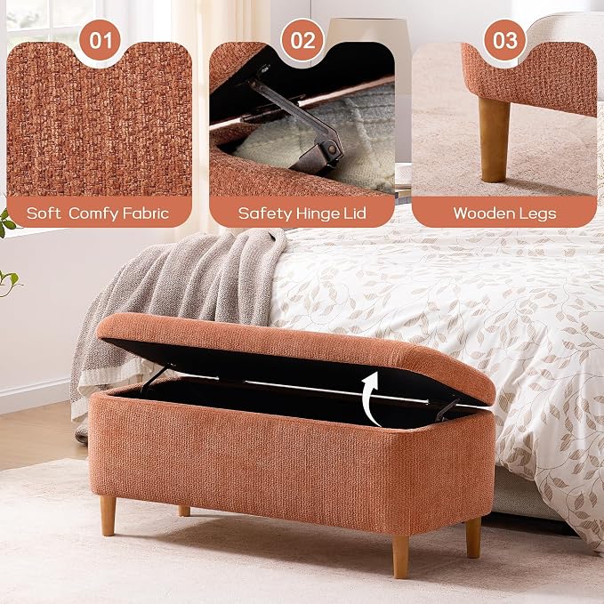 39.4" Ottoman with Storage Upholstered Storage Bench for Living Room | Modern Fabric End of Bed Bench Footstool with Wooden Legs Ottoman Bench for Window Hallway Entryway Bedroom Orange