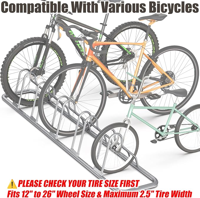 Simple Houseware 5-Bike Adjustable Floor Storage Rack for Garage, Silver | Bicycle Parking Stand Organizer for Road and Kids Bikes