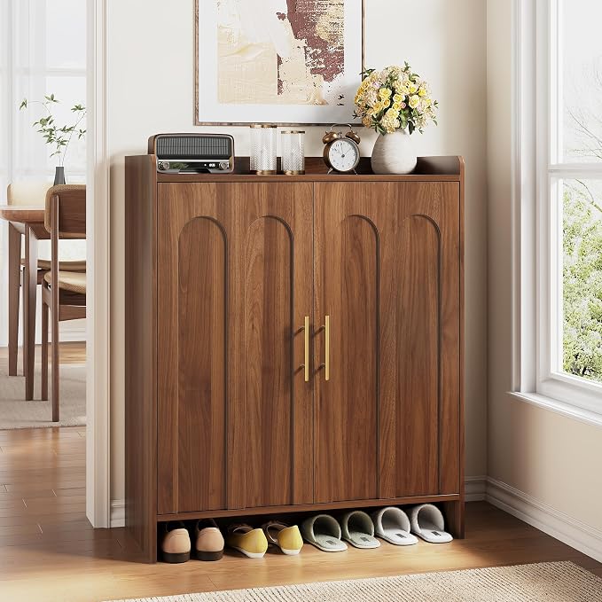 Maupvit 38.39" Tall Modern Shoe Cabinet, Entryway Storage Cabinet with Arched Doors & Gold Handles, Wood Shoe Organizer with Shelves, Freestanding Shoe Rack for Hallway, Living Room, Walnut