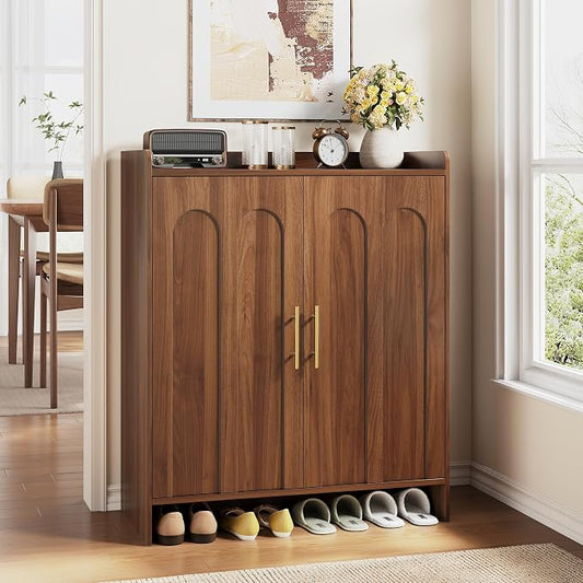 Maupvit 38.39" Tall Modern Shoe Cabinet, Entryway Storage Cabinet with Arched Doors & Gold Handles, Wood Shoe Organizer with Shelves, Freestanding Shoe Rack for Hallway, Living Room, Walnut