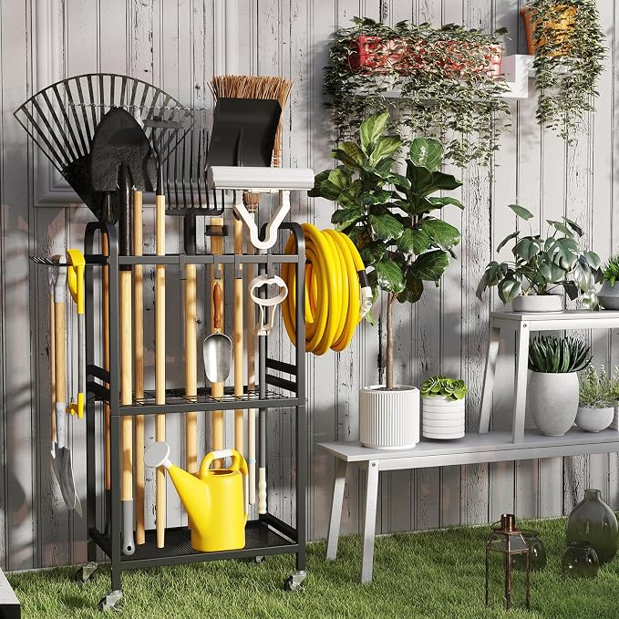 Hadulcet Garden Tool Organizer, Metal Garage Organization and Storage with Lockable Wheels, Garden Tool Rack with Storage Hooks, Heavy Duty Yard Tool Organizer for Garage, Shed, Lawn, Outdoor, Black