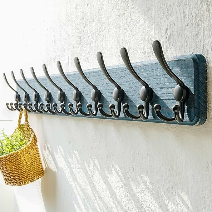 Coat Rack Wall - Heavy-duty 38-1/4" Long, with Reinforced 10 Custom Tri-Hooks, Solid Wood Wall Hanger for Coats Hat Jackets - Rustic Farmhouse Entryway Storage, Weathered Blue & Black, Pack of 2