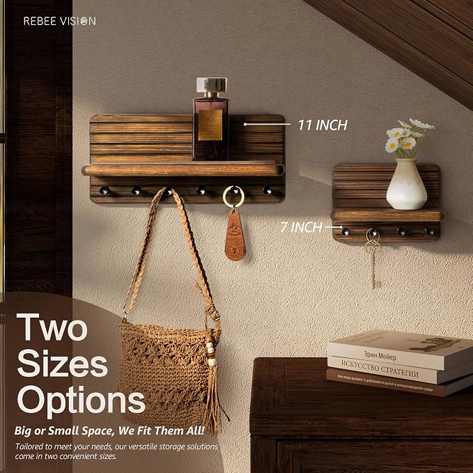 Rebee Vision Pine Wood Key Holder Wall Mount with Shelf for Entryway, Brown | 6 Key Hooks, Round Corner, Smooth&Hand-Friendly, Clear Wood Texture, Space-Saving Design, Organize Mail & Letter