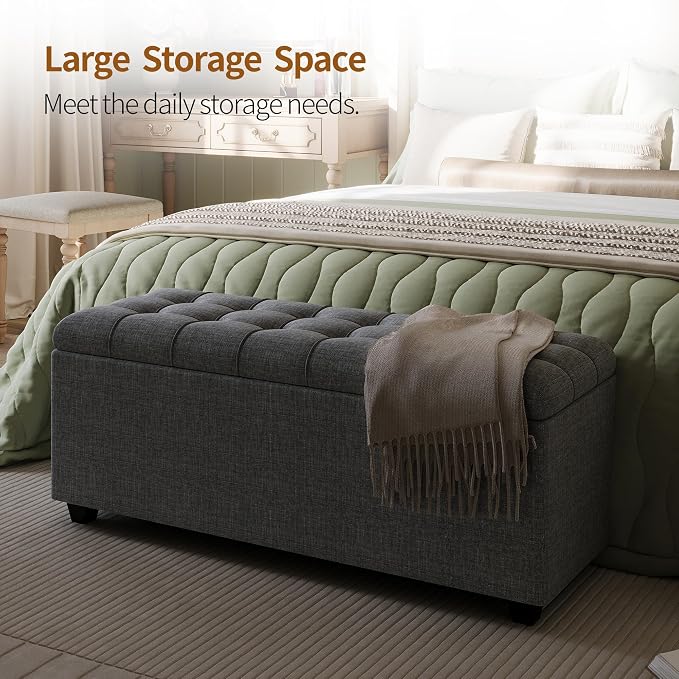 38" Dark Grey Fabric Storage Ottoman Bench with Hinged Lid | Solid wood frame bench, 4-leg easy assembly. Use as end-of-bed, footrest, entryway seat. Hinged hidden storage, multi-use.